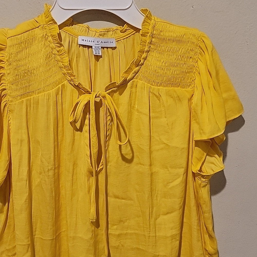 ❤️ MAISON D'AMELIE SATIN RUFFLE NECK TOP, SMOCKED, YELLOW, XS - Picture 3 of 7